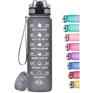 MEITAGIE Drinkfles, 1 liter, lekvrij, BPA-vrij, Tritan waterfles met fruitfilter en motivatietijdmarkering, geschikt voor koolzuur, drinkfles voor kinderen, fiets, school, fitness