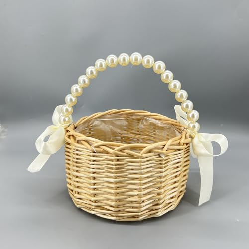 BETAULIFE Wicker Rattan Flower Girl Basket with Bows,Pearl Handle Flower Girl Basket,Wedding Flower Girl Basket and Home Decorations. (1) - Thumbnail 2