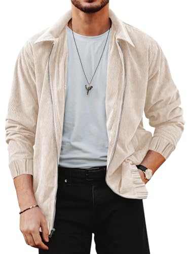 Runcati Chaqueta de pana para hombre, informal, ligera, deportiva, de manga larga, vintage, monocolor, con cremalleras, beige, L