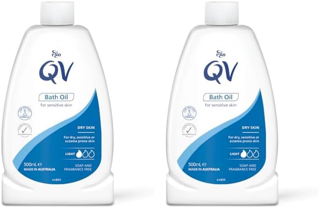 QVBath Oil (500 ml) Moisturising Bath Soak for Sensitive Skin, Relief from Dry Itchy Skin, Gentle pH Balanced Formula, Fragrance Free, Soap Free, Non Greasy, Noncomedogenic Bath Soak (Pack of 2)