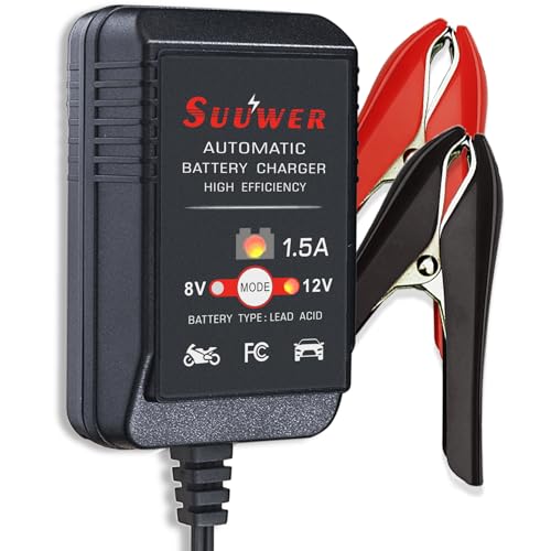Suuwer 1.5-Amp Trickle Charger 8V/12V Fully-Automatic Smart Battery Charger/Maintainer for Motorcycle, Golf Cart, Car, Lawn Mower and More