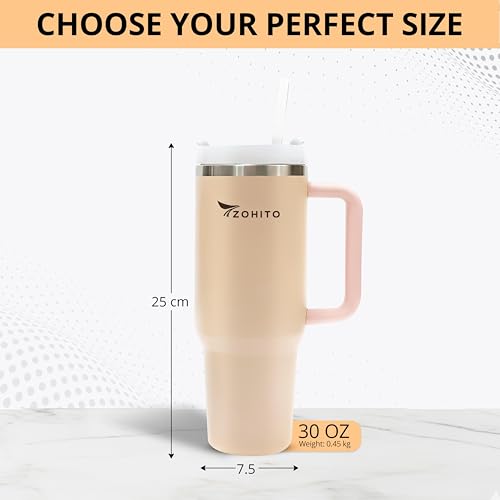 Image of 30 oz Tumbler with Handle and Straw, Vacuum Insulated Stainless Steel Travel Mug, Leakproof Large Cup Keeps Drinks Cold for Hours, Fits Car Cup Holder, Beige