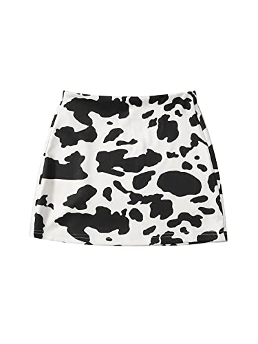 Wdirara Girl's Cow Print Summer Split Hem High Waist Zipper Casual Mini Short Skirt Cow Print White 10Y #TOP1