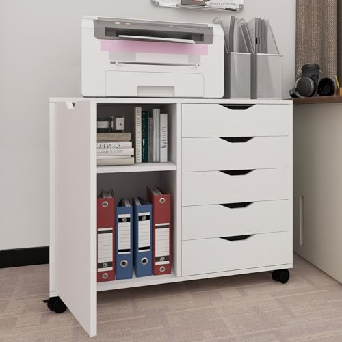 PUNCIA 5 Drawer Mobile Filing Cabinet With Door, Wooden Lateral File Cupboard On Wheels Multifunctional Printer Stand For Home Office Documents Organiser Rolling Storage Unit White Furniture - Image 4