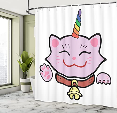 ABAKUHAUS Unicorn Cat Shower Curtain, Pink Maneki Neko of Happiness Luck Success Love Culture Cartoon - Image 4