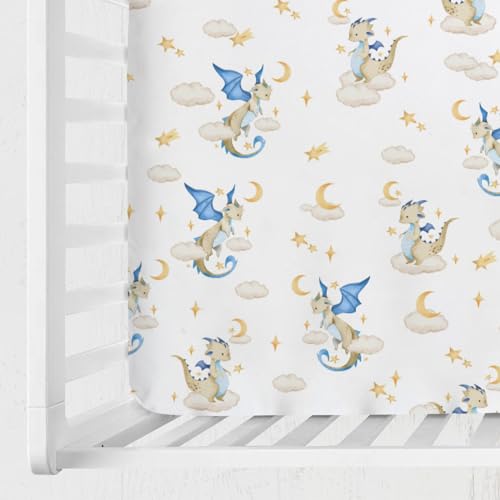 Image of Cartoon Fairy Tale Dragon Moon Stars Clouds Baby Crib Sheets 52''x28'' Watercolor Dragons Stretchy Fitted Crib Mattress Cover for Boy Girl Soft Bed Sheet for Standard Crib and Toddler Mattress
