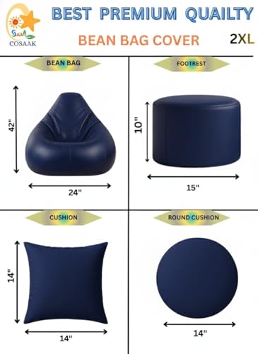 Image of Premium 2XL Lamba Leather Teardrop Bean Bag Cover & Chair Set with Footrest & Two Cushion, Faux Leather, Indoor Gaming and Lounging, Adult Size (Navy, XXL, Solid)