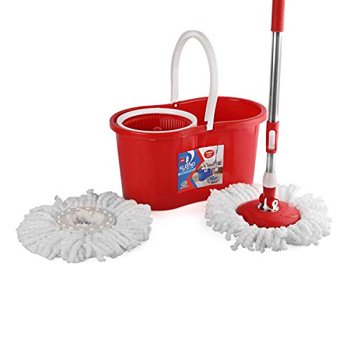 Kleeno by Cello Compacto Floor Cleaning Set, Red | 360° Flexible Rotation Steel Handle with 2 Microfiber Refills | Durable & User-Friendly Design | Spin Pocha Mop Set with Bucket | Mop with Bucket
