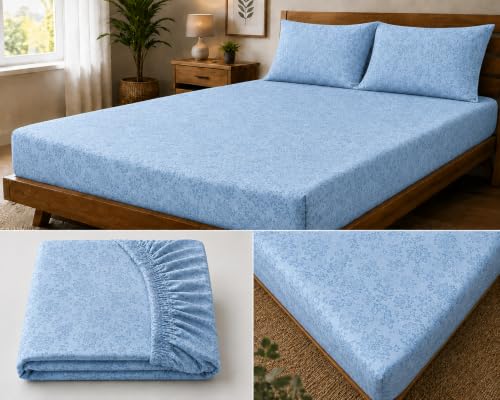 Image of Fitted Bedsheet Sky Blue 3D Floral Print Glace Cotton 210 TC | Full Single Size for Single Bed Fits 4 x 6.25 ft Mattress (48 x 75 Inch) | All Around Elastic | 2 Pillow Covers | 7 Inch Deep Pocket