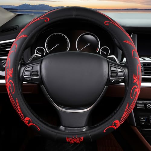 Red Embroidery Butterfly Car Steering Wheel Cover,14.5-15 Inch Universal Leather Covers Breathable Anti-Slip Odorless Steering Wheels Accessories for Men Women