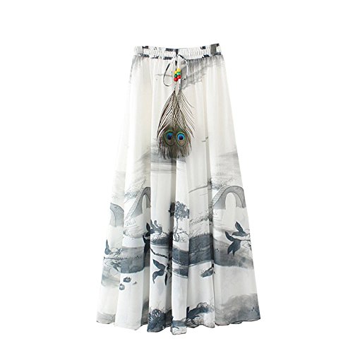 Kaxuyiiy Women's Lotus Boho Beach Peacock Feather Maxi Long Pleated Skirt (Black Chinese Painting)