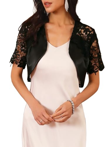 Women's Satin Shrug Short Sleeves Cocktail Elegant Cropped Lace Cardigan