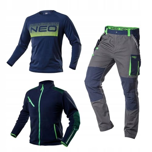 NEO TOOLS Premium Herren Arbeitskleidungssatz Gr. S - 3XL | Arbeitshose 100% Baumwolle, Fleece-Arbeitsjacke 300 g/m2, Arbeits-T-Shirt atmungsaktiv | Reflektierende Elemente Gr. S
