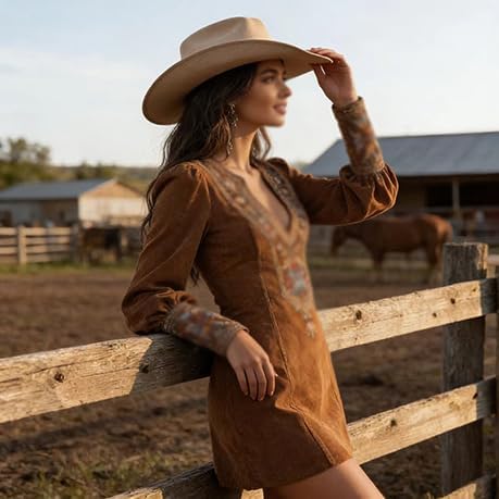 Women's Vintage Faux Suede Western Dress Long Sleeve V Neck Embroidered Ruched Short Bodycon Dresses - Image 3