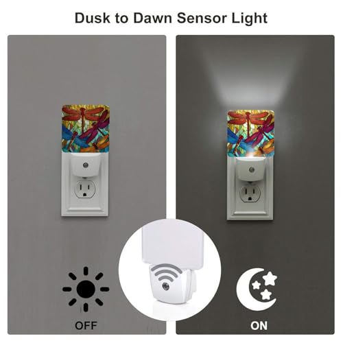 Image of Colorful Dragonfly Night Light Set of 2, Summer Auto Sensor LED Dusk-to-Dawn Nightlights, Plug-in Sensor Lamp for Bedroom Bathroom Kitchen Hallway Stairs Decorative