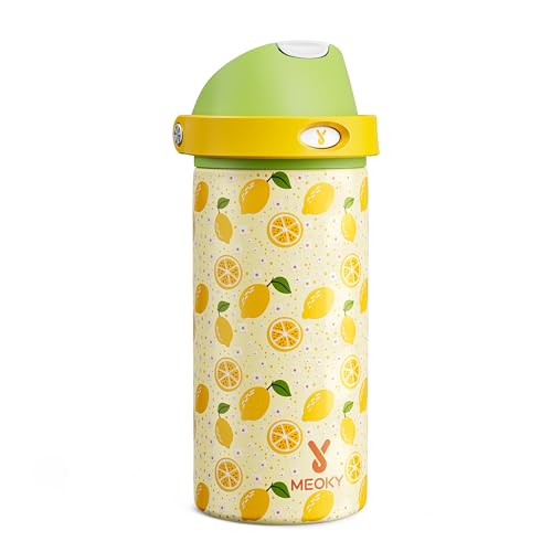 Image of 18 oz Stainless Steel Water Bottle for Kids: Meoky Insulated Water Bottle with 2-in-1 Straw and Spout Lid - Leak Proof, Cold for 24 Hours, BPA-Free for Boys Girls School Backpacks Sports, Sunny Lemons