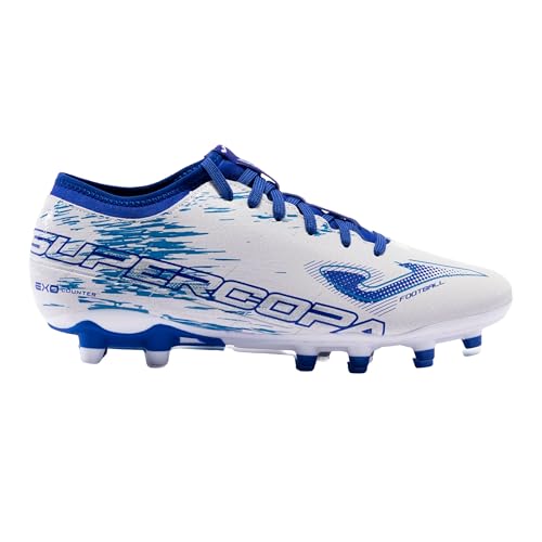 Joma Soccer Cleats Supercopa FG, 6.5-11 US – Precision Control for Firm Ground, Lightweight Microfiber, White and Royal Blue