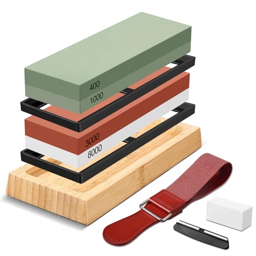 Acsatont Profesional Piedra Afilar Cuchillos, Afilador Cuchillos de Doble Cara, 400/1000 3000/8000 Afilador, con Base antideslizante Silicona Guía ángulo piedra aplanadora correa cuero