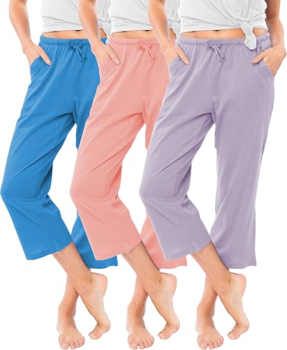 Image of Sexy Basics Women's 100% Cotton Lounge Pants | Capri Style Pajama Sleep Bottoms | Drawstring & Pockets |Multi-Packs & Colors