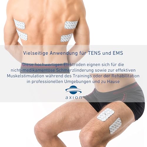 TENS EMS Elektroden 3,5 mm Druckknopf · 4 Stk. 10x5 cm - kompatibel mit TENS EMS Geräten von Sanitas & Beurer | Wiederverwendbare Klebeelektroden Pads für TENS Geräte | Zert. Medizinprodukt axion