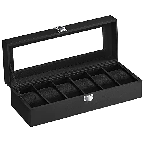 SONGMICS Uhrenbox mit 6 Fächern, Uhrenkasten, Glasdeckel, Uhrenkoffer, herausnehmbare Uhrenkissen, Metallverschluss, Geschenkidee, PU-Bezug in Schwarz, Samtfutter in Schwarz JWB06B01