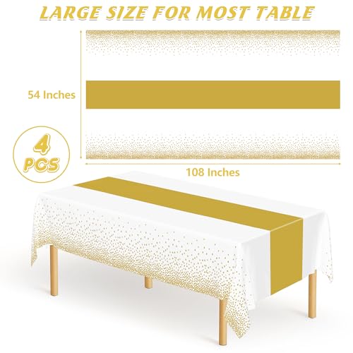 Image of 4Pack Disposable Plastic Table Cloths for Parties, 54 inch x 108 inch White and Gold Rectangle Table Covers, Waterproof Tablecloth for Rectangle Tables Suitable for New Years Eve Thanksgiving Wedding Supplies
