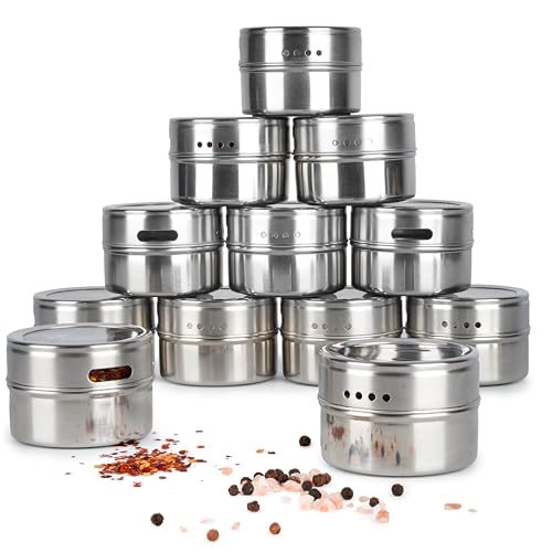 Oak & Steel - 12 Pots à Épices Magnétiques en Acier Inoxydable Premium avec Couvercle Transparent (100ml) - Facile à Ouvrir, Solide & Pratique