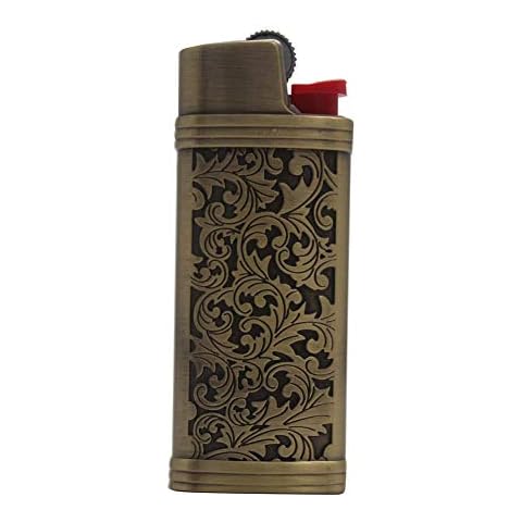Lucklybestseller Vintage Floral Metal Lighter Case Cover Holder for Mini BIC Lighter J5 Bronze Cover