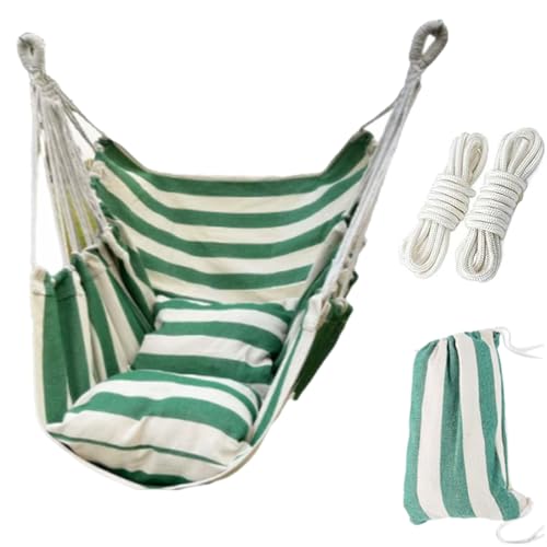 サムコス ハンモック チェア ハンガーラックスイングチェア ハンモック室内 室外 兼用 折りたたみ ハンギングチェア 公園 アウトドア キャンプ ポール 吊り下げ 吊り椅子丈夫なロープ/抱き枕付き（緑と白ストライプ、棒がない）