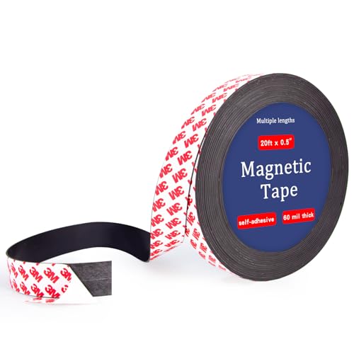 Towjug 20 Feet Magnetic Tape Strip Roll with 3M Self Adhesive Backing, 1/2 in Width Flexible Sticky Magnet Tape Strips for Craft DIY Projects, Garage Whiteboards and Fridge Organization-0.06