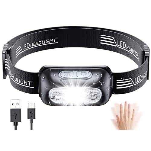 Babacom Head Torch, Rechargeable Super Bright LED Headlamp-250 Lm, Motion Sensor, IPX6 Waterproof, 5 Light Modes, Adjustable Angle & Strap, Led Head Torch for Running Camping Hiking Fishing Light