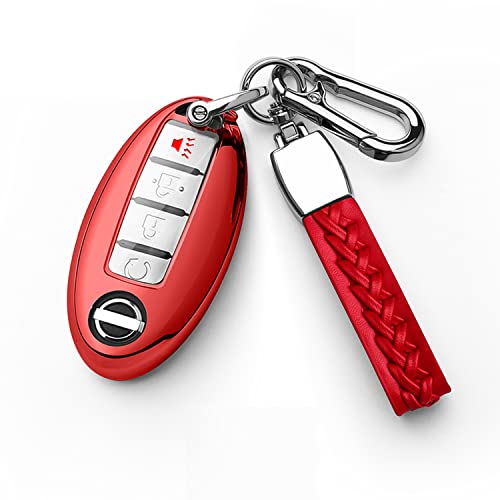 Coque de clé compatible Nissan en TPU rouge avec porte-clés cuir pour Altima Rogue 3 à 5 boutons