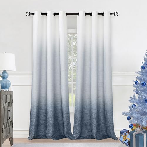 Central Park Ombre Window Curtain Panel Linen Gradient Print on Rayon Blend Fabric Drapery Treatments for Living Room/Bedroom, Cream White to Indigo Blue, 40' x 84', Set of 2