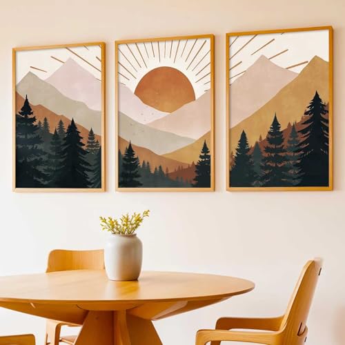 Image of kotart Boho Mountain View Framed Painting | Big Aesthetic Nature Inspired Framed Paintings for Living Room Bedroom Wall Decor Set Of 3 (10X13 inch)