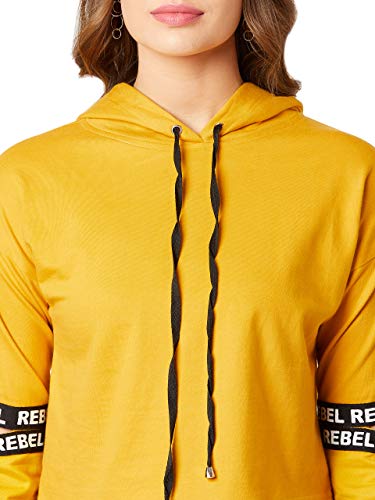 Image of Miss Chase Women's Mustard Hooded Full Sleeves Solid Boxy Drawstring Cut-Out Crop Sweatshirt