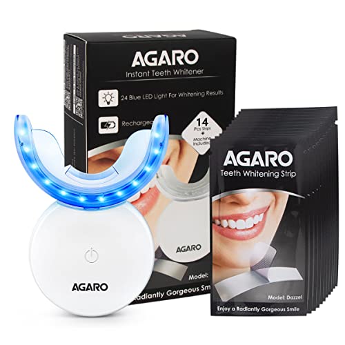 AGARO Dazzle Instant Teeth Whitening Kit with 14 Pcs Strips, Manual Dental Whitening Kit for adults, Oral Care, 24 Blue LED Light, Rechargeable, Removes Teeth Stains, Non Sensitive, Gentle & Safe