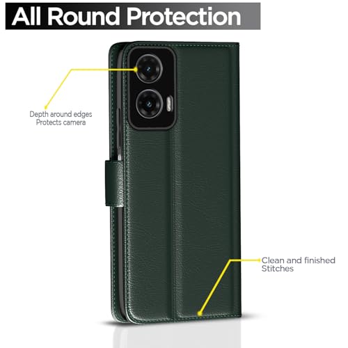 Image of Pikkme Flip Cover Leather Finish | Inside TPU with Card Pockets | Wallet Stand and Shock Proof | Complete Protection Button Flip Case for Moto G35 5G(Green)