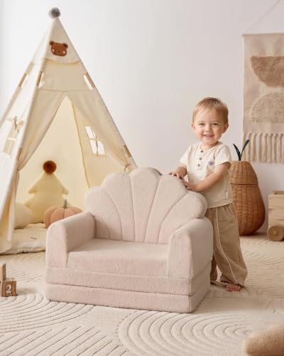Image of Blissful Diary Foldable Kids Couch, 2-in-1 Kids Sofa Chair, Beige Shell | 50.8 inch Fold-Out Play Area, Supportive Foam, Washable Cover, Carry Handle, Pre-Assembled, Kid-Safe Zipper