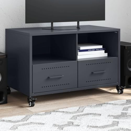 Homgoday Mueble TV antracita 68 x 39 x 43,5 cm de acero, mesa para TV, mueble para TV salón, mueble bajo para TV de salón industrial soporte TV Model846700