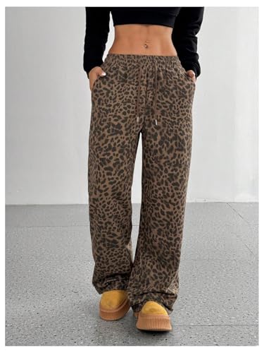 COZYEASE Women's Leopard Wide Leg Baggy Pants Drawstring Waist Y2K Trousers with Pocket4