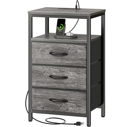 Huuger Nachttisch mit Ladestation, 27,6 Zoll Beistelltisch Nachttisch mit USB-Anschlüssen und Steckdosen, Nachttisch für Schlafzimmer, Stoffschubladen, Grau