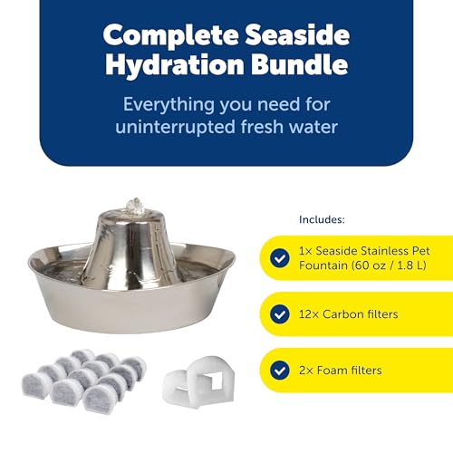 Image of Seaside Stainless Pet Fountain with Extra 12-Pack of Carbon Filters and | 60 Oz Capacity, 360-Degree Flow, Triple-Filter with 2.5x More Activated Carbon, Scratch /Rust-Resistant Stainless Steel