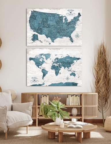 Image of IPIC Vintage Teal World Maps for Wall, World Map Canvas, Size 36x24 in