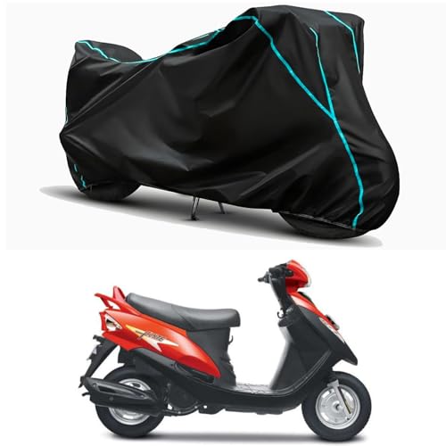 Image of Waterproof Bike Body Cover Compatible for | Mahindra Flyte | Taffeta Fabric, Sky Piping Design, Bottom Elastic Fit | Dustproof, Sun UV & Rain Protection for All Weather.