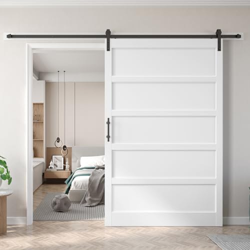 Image of 60inx80in Barn Door White with 10FT Sliding Door Hardware Kit Included & Handle,MDF,Solid PVC Surface,DIY Assembly,5-Panel