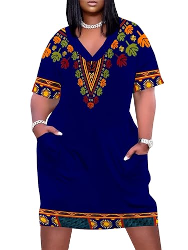EQQZD Plus Size African Dresses for Women - Casual Summer Vacation Dashiki Attire V Neck Short Sleeve Midi Party Dress with Pockets