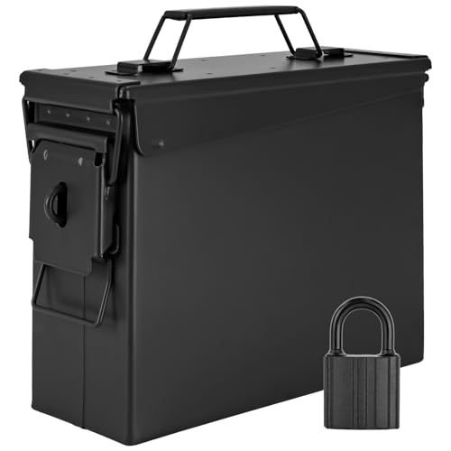 Trucky Caja de municiones con cerradura 28x10x23 cm Caja de metal para municiones Caja de almacenamiento de metal con tapa Ejército Negro Metal