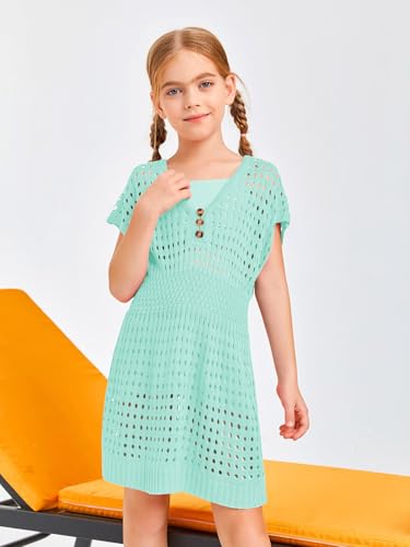 Image of Haloumoning Girls Crochet Swim Beach Cover Up Kids Fashion Button Short Sleeve Swimsuits Cover Ups 5-14 Years