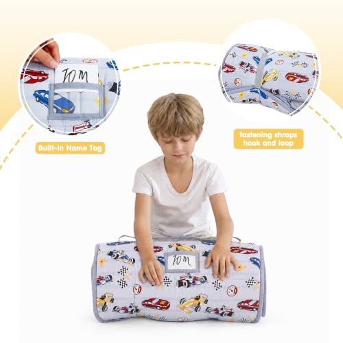 Image of Viviland Toddler Kid Nap Mat for Preschool, Boys Grey Race Car Slumber Bag, Daycare Sleeping Bag with Pillow and Blanket, Kindergarten Sleep Mat