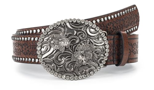 Womens-Western-Belt Rhinestone-Cowboy-Cowgirl Belt - Embossed PU-Leather Belt with Diamond Flower-Buckle(for 28-38'')4